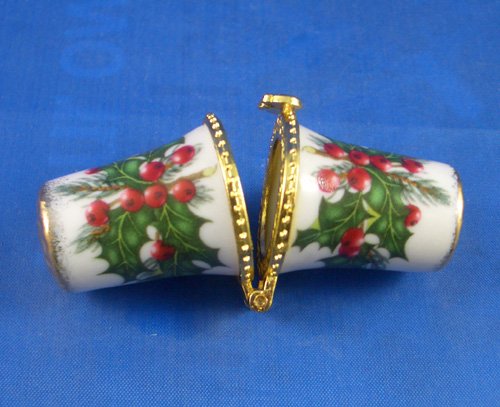 Porcelain China Thimble Needle Case -- Christmas Holly
