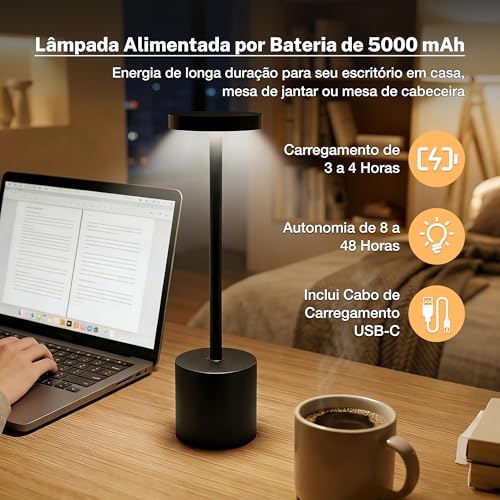 Luminária de Mesa LED Recarregável Na Cor Preto com Três Modos de Luz Dimerizáveis, Ideal para Salas de Jantar, Varandas, Áreas Externas, Quartos E Outros Ambientes