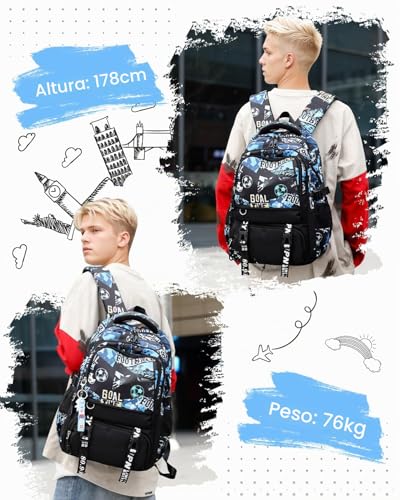 Tanou Teenage Boy Backpack, Football School Backpacks for Kids | 12+ years, Large Backpack for College and High School in Nylon, Black/Blue