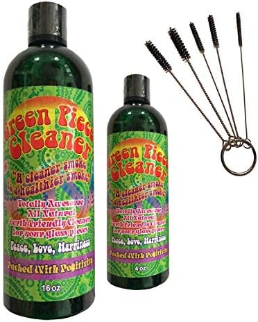 Green Piece Natural All Purpose Earth Friendly 2 Glass Cleaner Bottles of 16 oz and 4 oz, 5 Piece Mini Metal Nylon Tube Pipe Cleaning Brush Set with Keychain Ring Combo