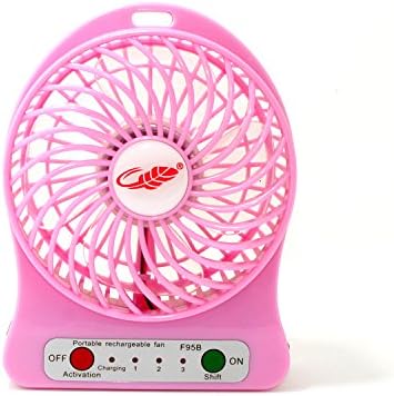 KYL 4-inch Vanes 3 Speeds Portable F95B mini USB Rechargeable Cooling Palm Leaf Fan with 18650 li-ion Battery ,Blue,White,Pink,Black,Green,Orange,Purple,Handheld Portable (Pink)
