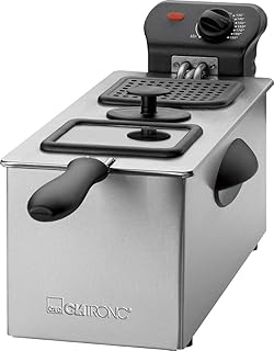 Clatronic FR 3587 Edelstahl-Kaltzonen-Fritteuse, 3 Liter, Deckel mit Sichtfenster, Edelstahl Fettbehälter und Heizspirale (herausnehmbar), Tragegriff (wärmeisoliert)