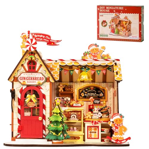 ROBOTIME DIY Miniature House Kit, Tiny House Book Nook for Family and Friends, Mini Wooden Dollhouse Kit for Halloween/Christmas/Birthday Gifts（Gingerbread House）