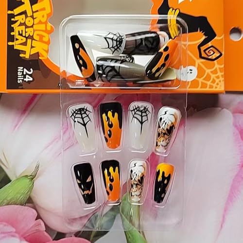 24 Pcs Halloween Press on Nails Medium Coffin Square - SHANRUN Ballerina Fake Nails Press ons Nail Art French Tip Glue on Nails Full Cover Artificial Acrylic False Nails with Ghost Spider Web Design - Image 6