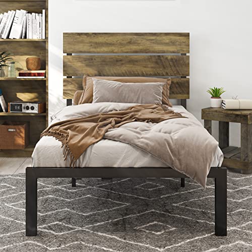 IMUsee Twin Size Platform Bed Frame with Wooden Headboard / Strong Metal Slats / Mattress