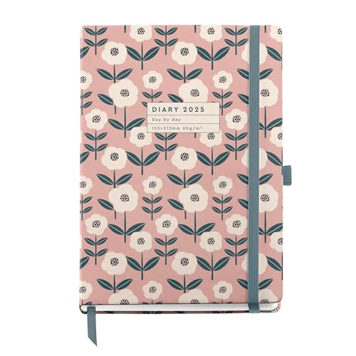 Miquelrius - Agenda 2025, Agenda anual 155x213 mm, Agenda día página, Cubierta cartón forrado plastificado, Espiral, Cierre goma elástica, Papel 80 g/m², Español, Inglés y Portugués, Bloom