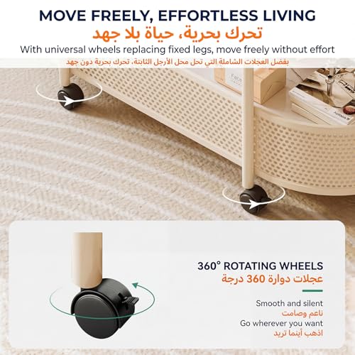 ALISMAEEL Coffee Table Movable Round Side Table 2-Tier End Table with Braked Universal Wheels, Open Double-Layer Storage Scratch-resistant High-temperature, Easy-to-clean Glass (60 * 40 * 50 cm)