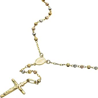 14K Tri-color Gold Rosary Necklace 5mm 
