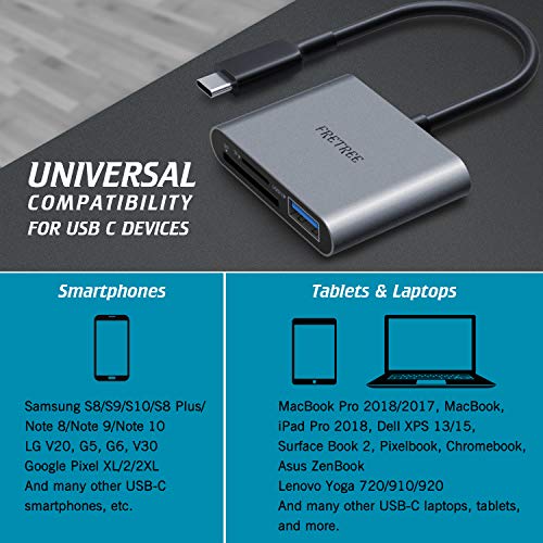 USB C to SD Card Reader - Aluminum 3 in 1 Hub with USB 2.0 Port, Type-C SD Adapter 5Gbps Read 2 Cards & 1 USB Disk, Compatible for MacBook/iPad Pro, Samsung Galaxy S10/S9/S8 and More USB C Devices