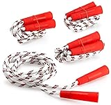 Kidsco Jump Rope Nylon With Plastic Handles 6.5 Feet – 4 Pack - White Jumping Rope With Red Stripes And Handles – For Kids And Adults - Sports, Outdoors, Fitness, Exercise, Fun, Play, Toy – By