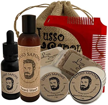 All in One Beard Grooming Kit by Lusso Sapone. Beard Oil, Beard Balm, Beard Wax, Beard Wash Soap, and Beard Shaping Comb. We Use Only the Best 100% Natural Oils.