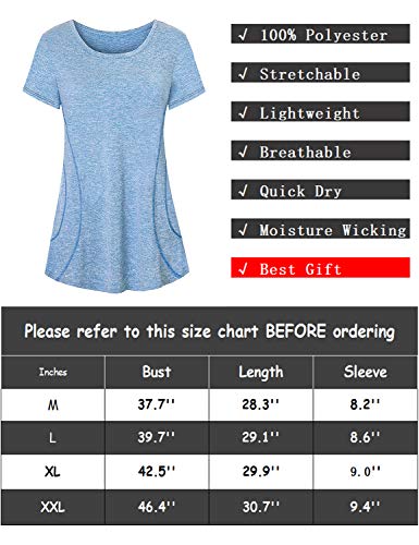 Luranee Activewear Tops for Women, Juniors Yoga Shirts Short Sleeve Exquisite Energetic Pilate Gym Clothes Breathable Athletic Workout Outfits Round Neck Form Fitting Quick Dry Summer Clothing Blue M