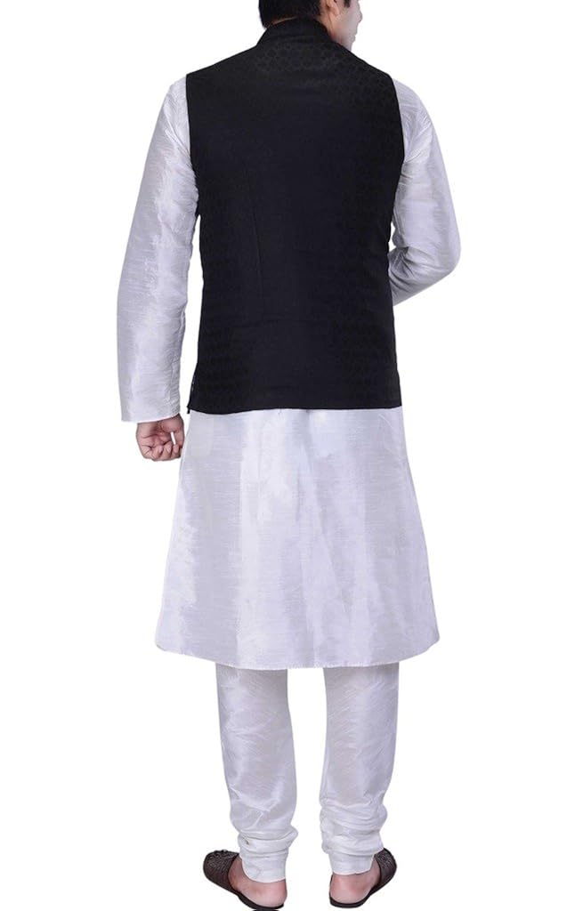 kisah men's white silk blend kurta and churidar with black linen nehru jacket
