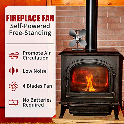 YoTek Heat Powered Stove Fan, 40°C Quick Start Fireplace Fan, Heat Driven Eco Fan with 4 Blades for Wood/Log Burner/Fireplace, Quieter and Efficient Small Wood Stove Fan(Black) [Energy Class A +++]