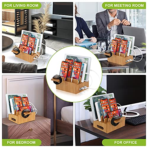 Bamboo Wooden Charging Station for Multiple Device Holder, Desktop Docking Stations Organizer
