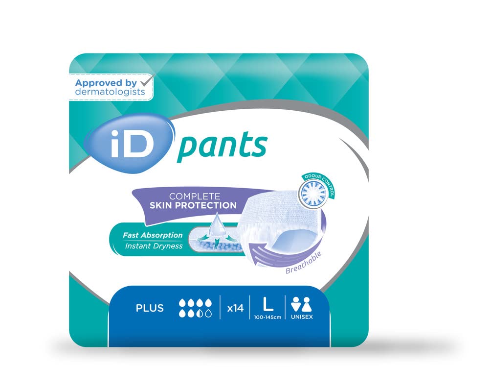 ID Sensitive Incontinence Pads, Fast Absorbing Disposable Briefs for Men and Women, Plus - Heavy Absorption, Size Large 100cm - 145 cm, Pack of 14