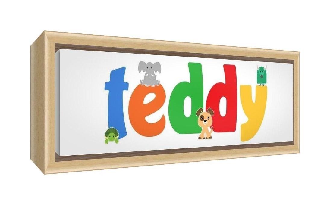 Feel Good Art Framed Box Canvas with Solid Natural Wooden Surround in Cute Illustrative Design Boy's Name (25 x 63 x 3 cm, Medium, Teddy)