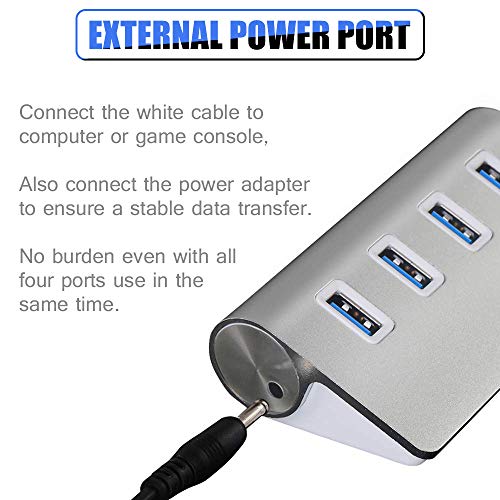 2win2buy USB Hub,4 Port USB Splitter 3.0 Data Transfer Aluminum Extender with 5V 2A Power Adapter Compatible with PS4 Pro Slim MacBook Air, Mac Mini, Laptop, PC,Computer,Flash Drive (Silver)