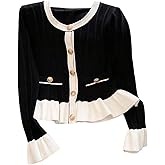 Verdusa Women's Elegant Button Up Cardigan Sweaters Colorblock Ruffle Knit Outwear Formal Outfits