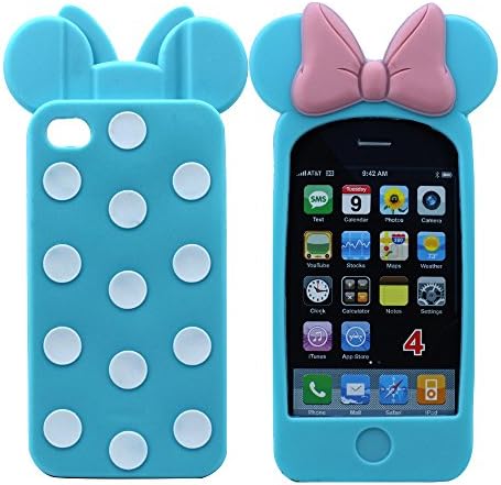 Apple iPhone 4S 4 3D Cute Cartoon Mickey Minnie with Polka Dot Ribbon Bow Case Protective Soft Silicone Gel Cover Heavy Duty Shockproof for Apple iPhone 4S 4 Case Blue