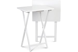 PJ Wood Lightweight Rectangle Solid Wood Construction Multifunctional Folding Table Tray with Compact Storage Rack, White, 2 Piece Set