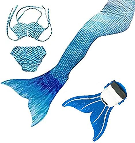 Mermaid Tail Swimwear Girls 4pcs Set Sparkle Mermaid Bikini Swimsuit Includes Monofin (10=130cm, water blue)