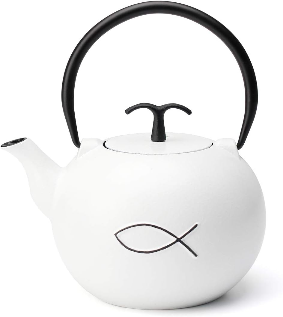 Tea Kettle, Toptier Japanese Tetsubin Cast Iron Teapot with Infuser for Loose Tea, Tea Kettle Stovetop Safe, 34 Ounce (1000 ml), White Fish