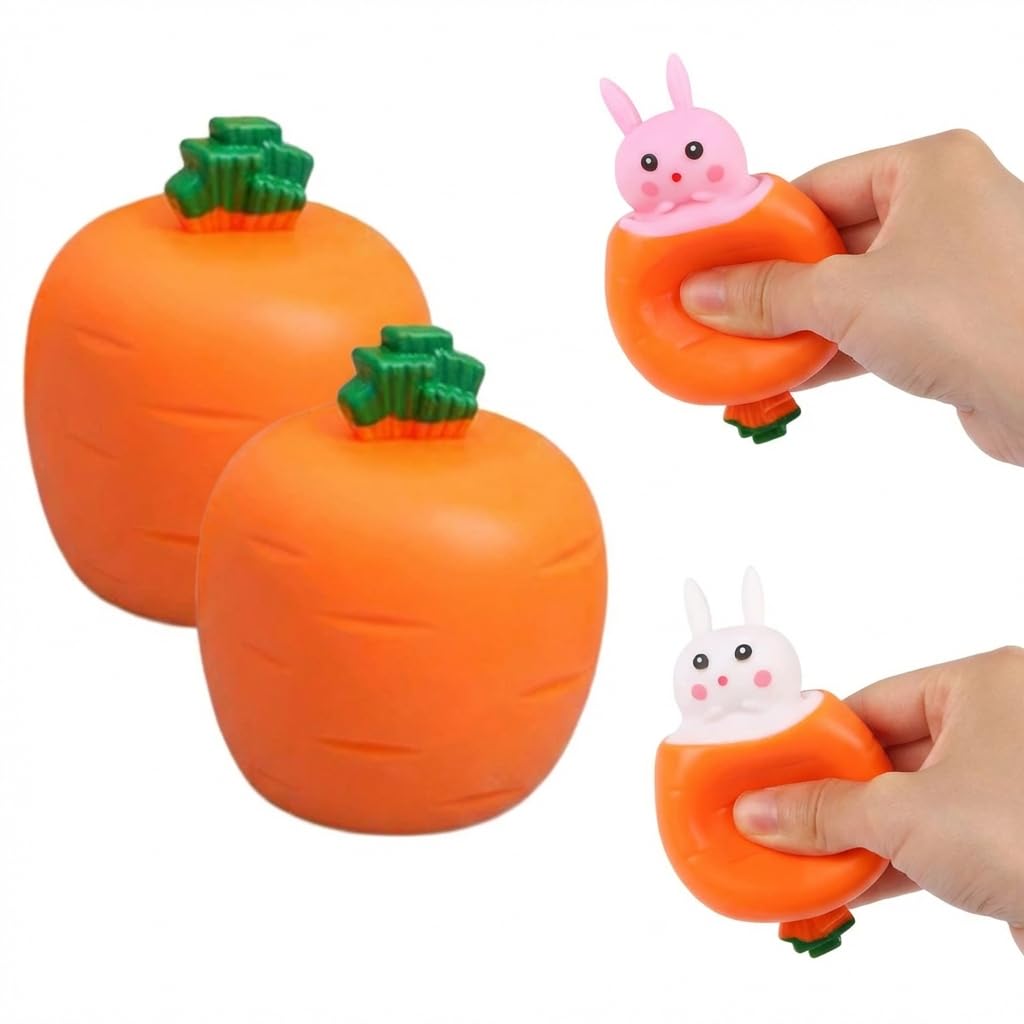 2 Pcs Easter Gifts for Kids Bunny Squeeze Toys Carrot Rabbit Pop up Sensory Fidget Toy Orange Vinyl Stretchy Novelty Toys for Toddlers Boys Girls Easter Basket Stuffers Party Favors School Rewards