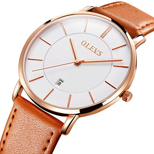 OLEVS Men's Ultra Thin Alloy Watches Quartz Analog Calendar Date Window Business Casual Slim Wristwatch Waterproof 30M 3ATM White Gold Dial Orange Genuine Cowhide Leather Band Simple Classic Gift YPF