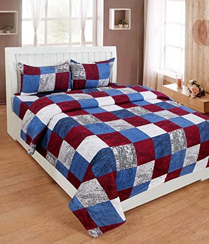 cottonhandicool Premium Polycotton feels like glace cotton Bedsheet With 3D HD printed With Blue Maroon & White Checks Double Bed Bedsheet With 2 Pillow Covers||Bedsheet Size-88X88 Inches|| Pillow Cover Size-17x27 Inches. Vi2640