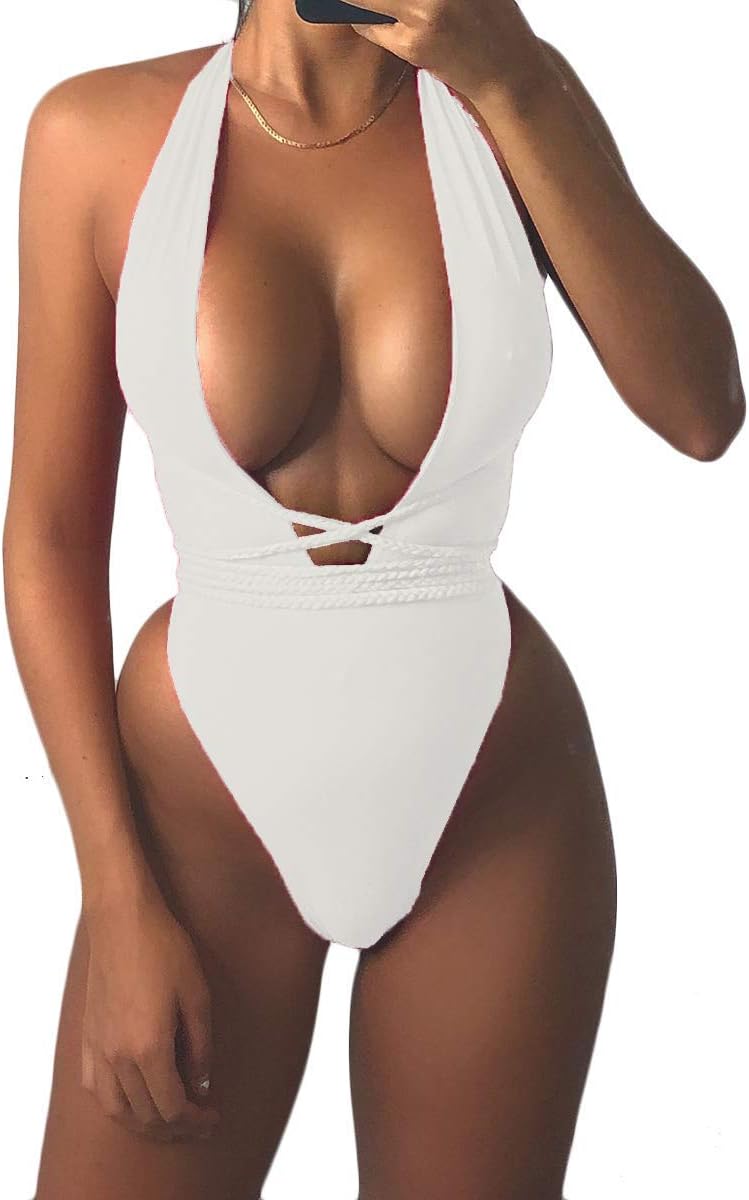 Womens Sexy Deep V Neck High Waist Multi-Way Bandage One Piece Swimsuits Swimwear