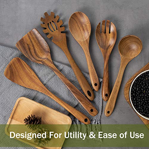 Wooden Utensils for Cooking, 6 Pack Natural Teak Wooden Spoons for