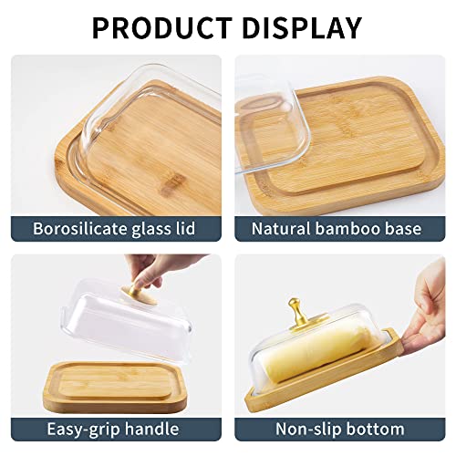 BTWD Glass Butter Dish with Lid for Countertop and Refrigerator, Large Butter Keeper Container Storage with Handle for Fridge, Butter Holder for Counter, Butter Tray Covered Butter Dishes with Lid