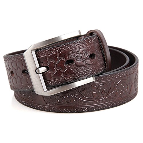 Vintage Western Unique Embossed Pattern Leather Copper Buckle Adjustable Belt Strap for Mens