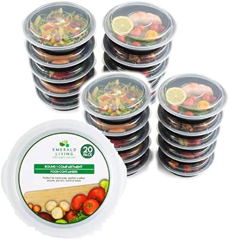 20 pack Emerald Living Round BPA Free Meal Prep Containers. Reusable Plastic Food Containers with Lids. Bento Lunch Box Set + EBook. 24oz