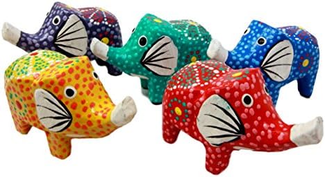 BALIKRAFT Hand Made Wood Artisans Gajah Coki Javanese Colorful Elephant Family Mini Figurine Set 2.5" L
