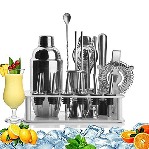 LKNJLL Edelstahl Barkeeper Kit, Cocktailshaker Bar-Set mit Martini-Set, Doppelmess Jigger, Rührlöffel, Liquor Ausgießer…