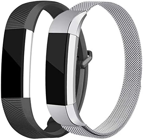 AKALE Replacement Bands Compatible for Fitbit Alta/Alta HR, Stainless Steel Metal Strap and Extra Silicone Replacement Bands (Silver + Black Small)