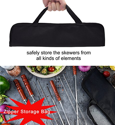 POLIGO 10PCS BBQ Skewers Set - Flat Stainless Steel Metal Grilling BBQ Stick Shish Kebab Kabob Skewers With Wooden Handle - set of 10 in Handy Storage Pouch with Basting Pastry Brush