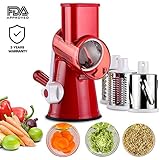 Manual Hand Speedy Mandoline Slicer Pasta Salad Maker Vegetable Fruit Cutter Rotating Drum Cheese Grater Potato Tomato Food Slicer With 3 Round Stainless Steel Blades (Red)