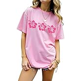 Women Y2k Oversized T Shirt Preppy Floral Flower Print Short Sleeve Loose Fit Tees Coastal Hawaiian Beachy Baggy Top,Pink