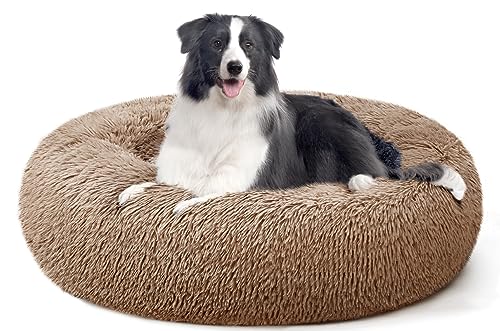 YOJOGEE Calming Donut Dog Bed for Large Medium Dogs, Fluffy Anti Anxiety Xl Dog Beds Extra Large Washable Puppy Bed Non-Slip Plush Cuddler Warming Round Faux Fur Pet Bed