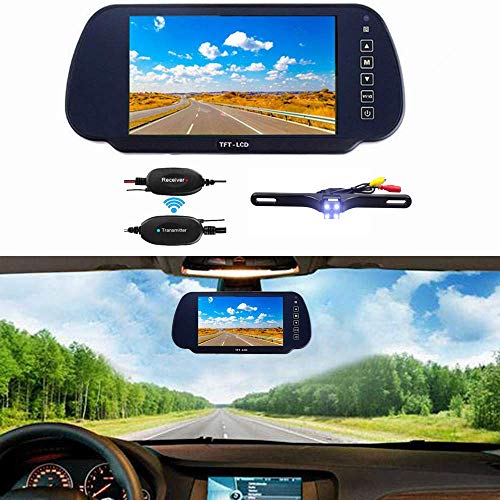 Ehotchpotch Car Monitor 7 inch Rear View Mirror & Rearview Backup Camera Parking Security Kit, 2.4G Wireless Car Reverse Rear View Backup Camera, Waterproof, Night Vision