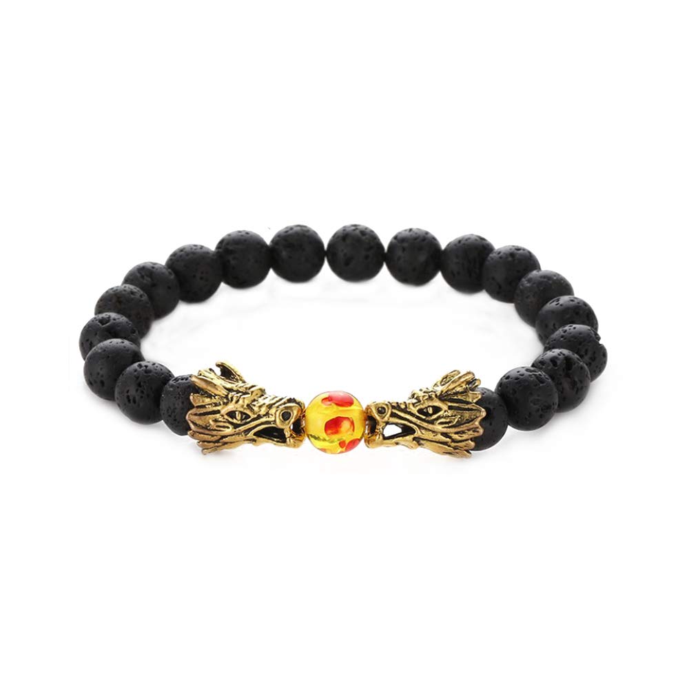 MiniJewelry Black Lava Stone Dragon Bracelet for Women Men Orange Ball Elastic Stretch Beads Blessing