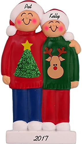 Ugly Christmas Sweater: 2 People Personalized Christmas Ornament - Handpainted Resin - 4" Tall - Free Customization by Calliope Designs
