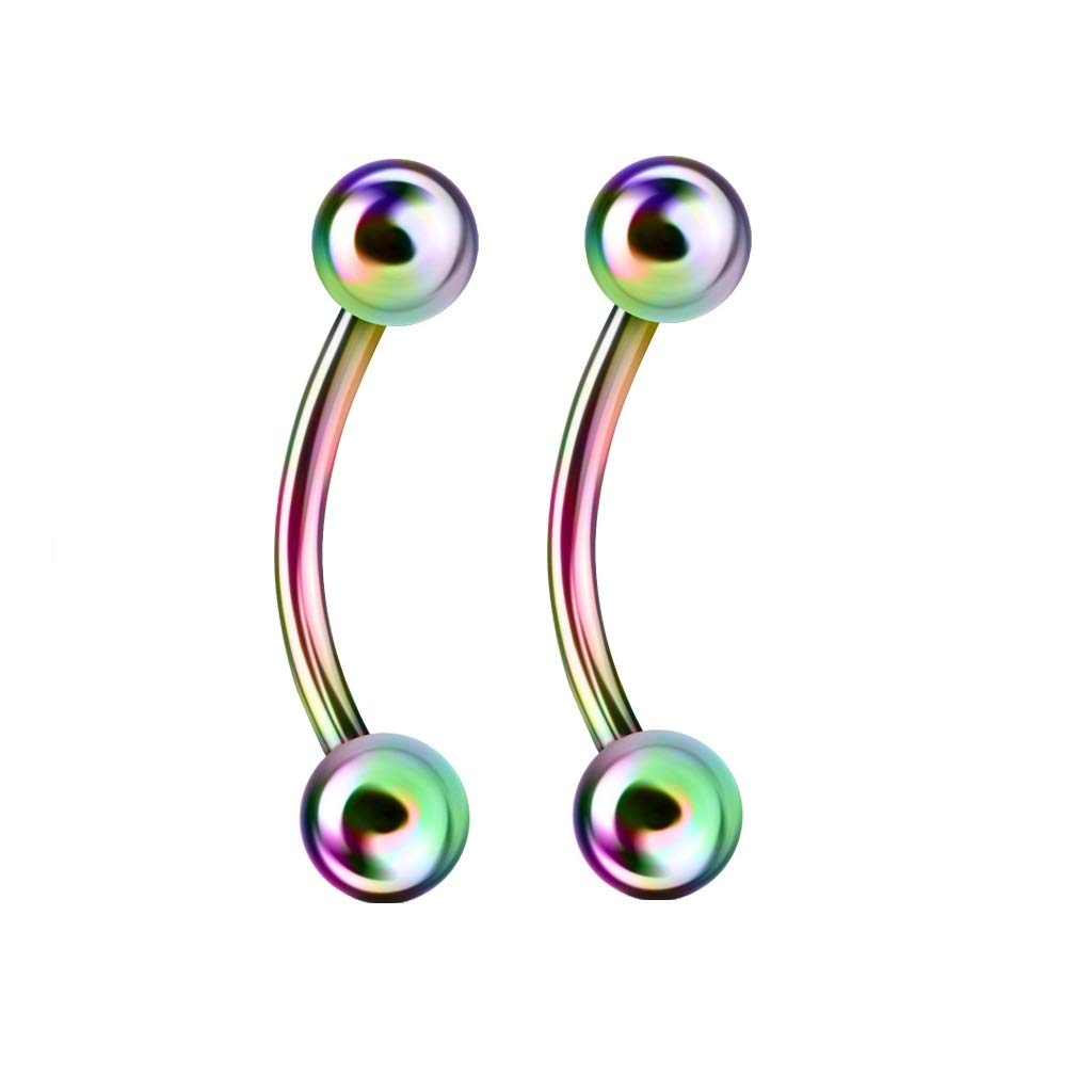 PiercedOff Rainbow Titanium IP over 316L Surgical Steel 1.6mm Curved Barbell with 4mm Balls - Length 10mm - Sold as a Pack of 2 Barbells