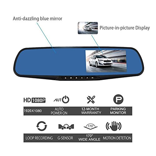 4.3 Inch Dual Lens Car Camera, Dash Cam Car Recorder with 170° Wide Angle Lens, HD 1080P Driving Recorder with Parking Monitor, G-Sensor & Motion Detection(Include 8G Micro SD Card)