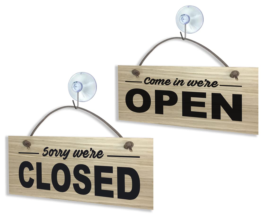 Close to the Bone Wooden Open and Closed Two Sided Sign with Real Leather Cord for Oak Veneer Hanging Vintage Business Shop Sign #1091, 190mm x 90mm x 5mm