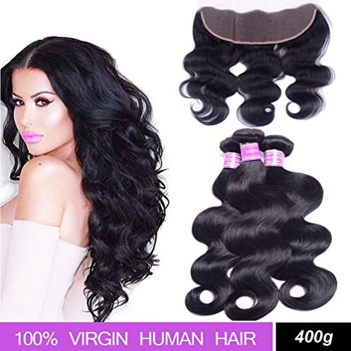 Brazilian Body Wave Hair 3 Bundles with Lace Frontal Closure (13×4), AliBarbara 8A 100% Unprocessed Virgin Human Hair Extensions Natural Color (16 18 20 &amp; Closure 14)