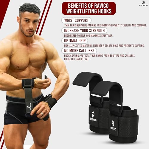 RAVICO Weight Lifting Hooks Grips for Men & Women - Premium Lifting Hook Straps with Neoprene Padded Wrist Support - Heavy Duty Hand Grips for Powelifting,Deadlifts, Shrugs & Pull-Ups for Gym Workout